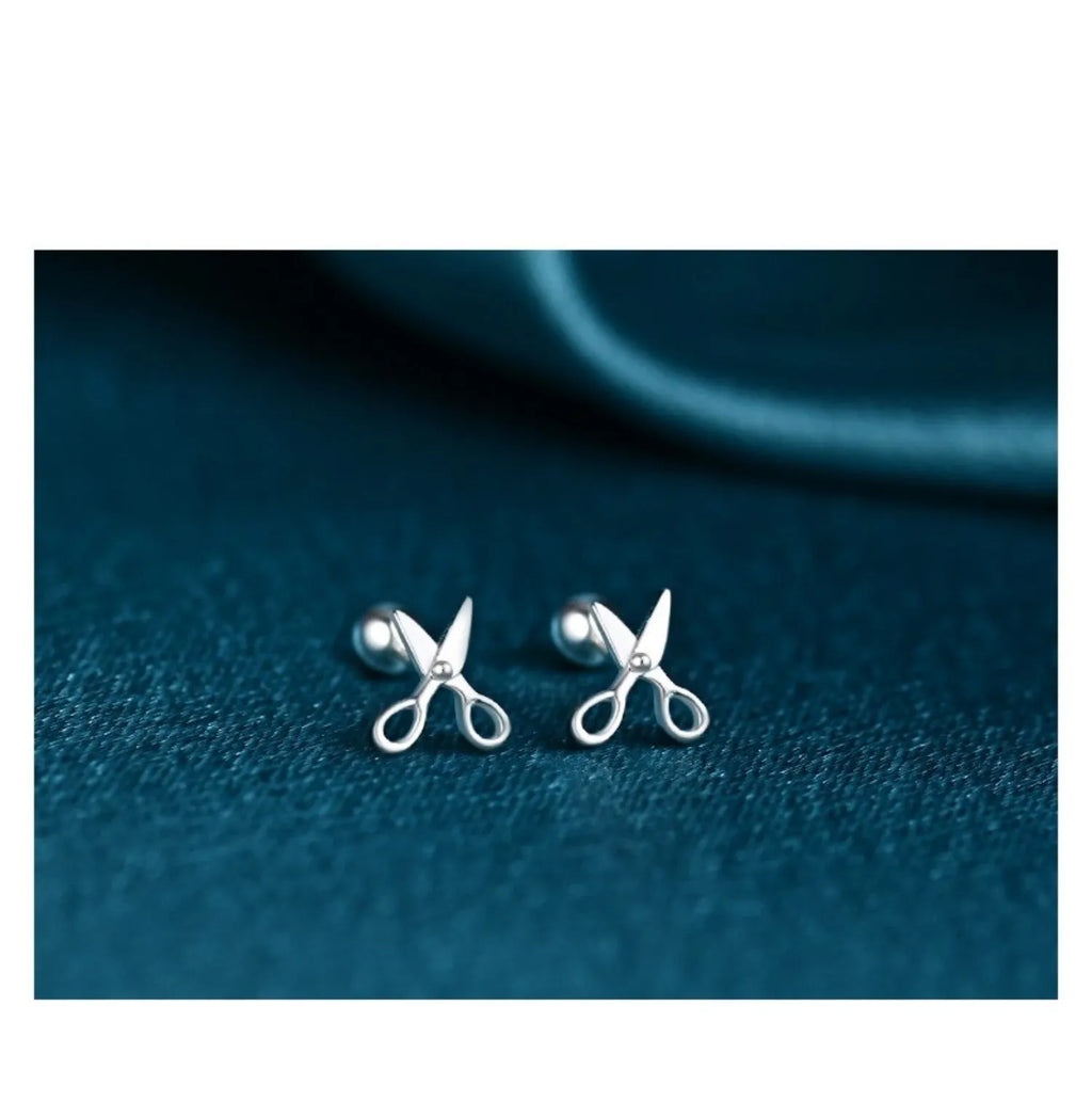 S999 pure silver screw-style ear nails with small scissors decoration on 8mm diameter studs