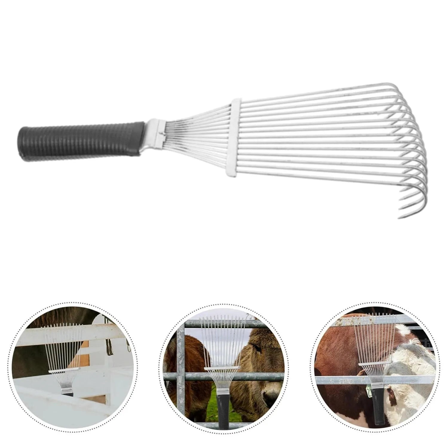 Stainless steel dematting brush rake comb for pet and livestock grooming.