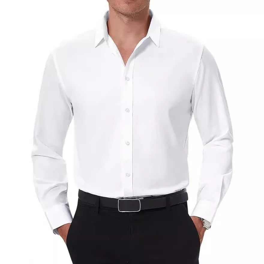 Men's slim-fit long-sleeve solid colour business casual shirt in four-way stretch polyester, shown in available colours and sizes 38/XXXS to 48/XXXXXL