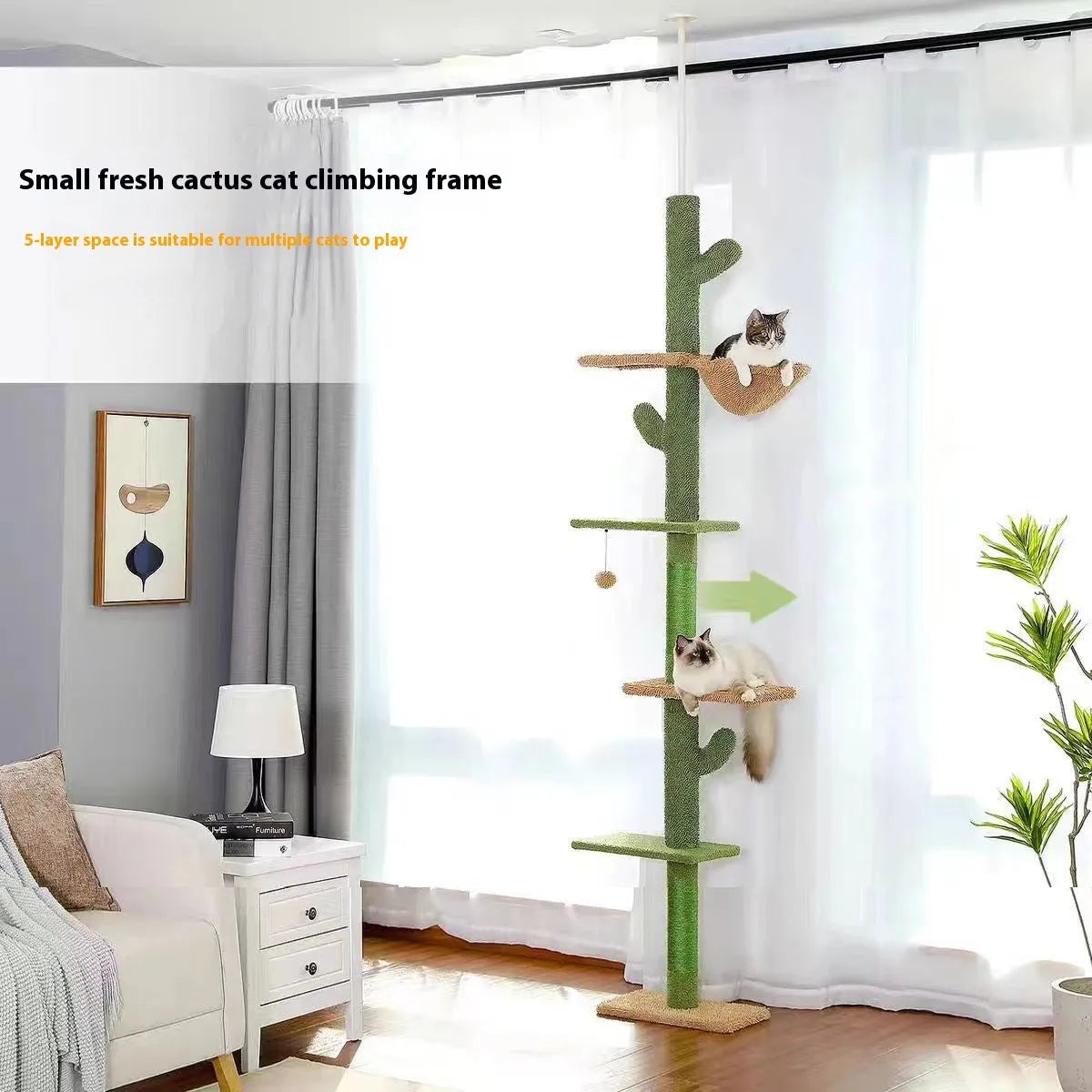 Tall solid wood cat tree with cactus-shaped nest, integrated scratch board, and hanging toys