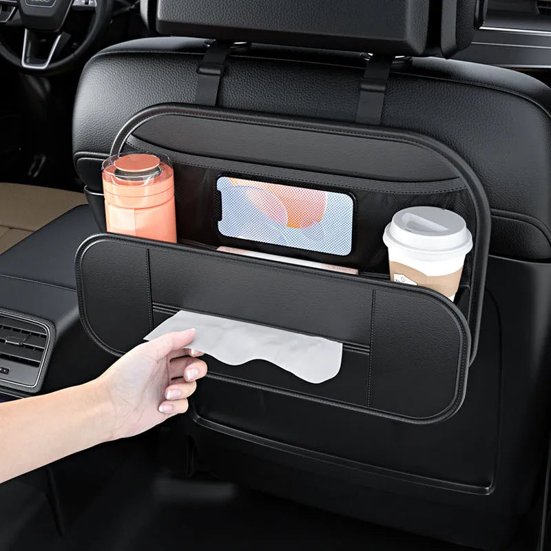 Black leather car seat rear storage bag showing its storage box design and dimensions.