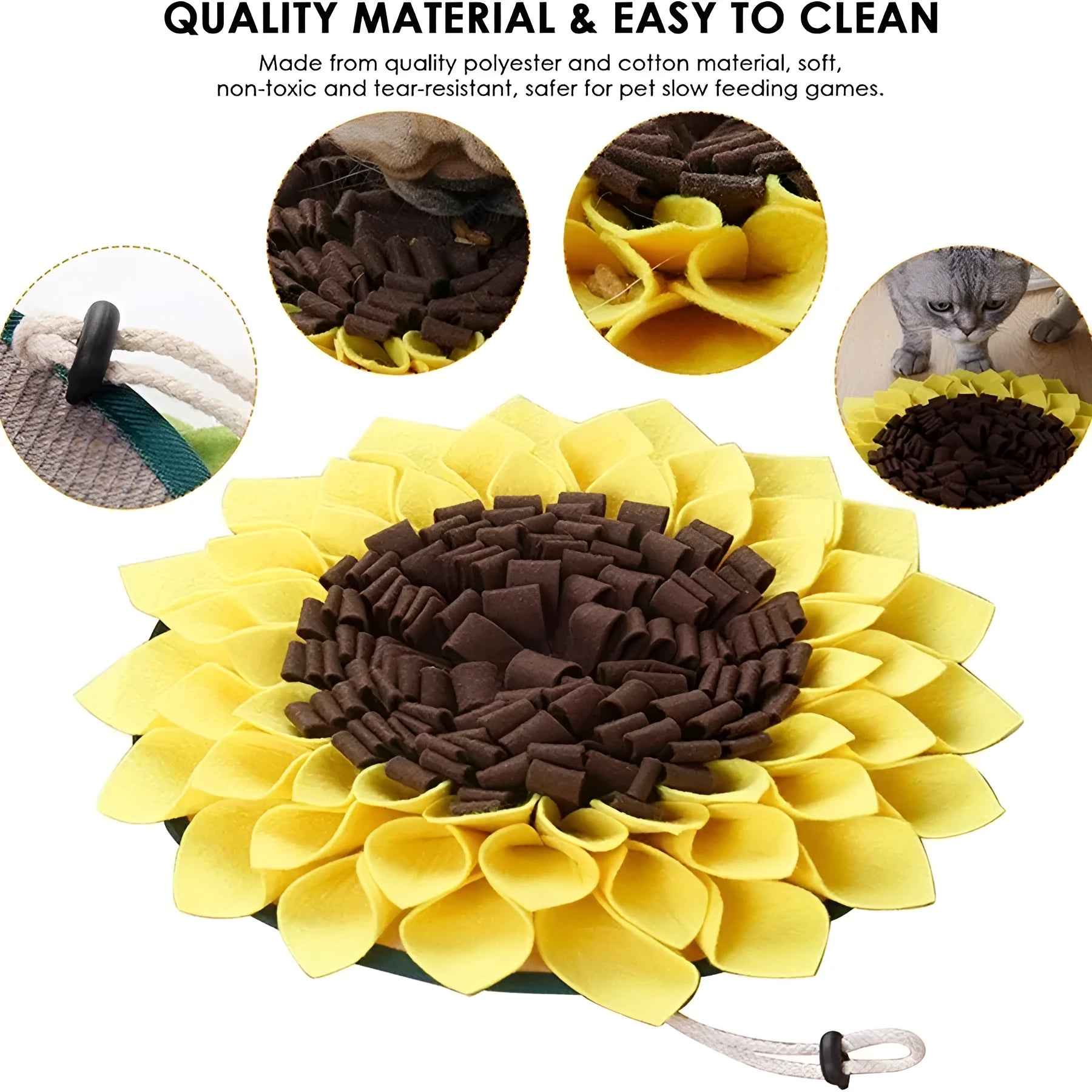 Yellow sunflower snuffle mat for dog feeding and nosework training games