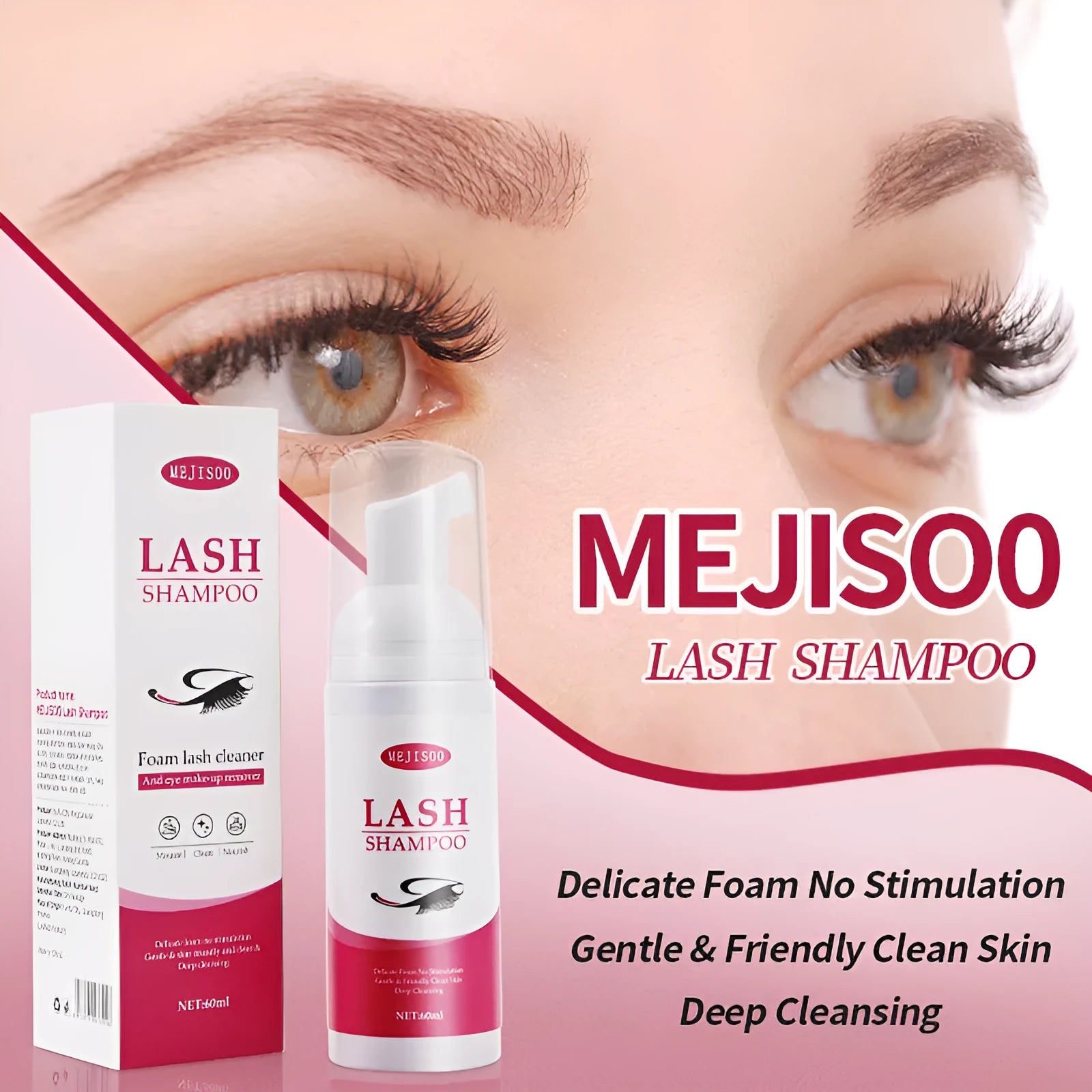 60ml bottle of lash shampoo mousse eyelash cleaning solution measuring 3.7cm x 13.5cm