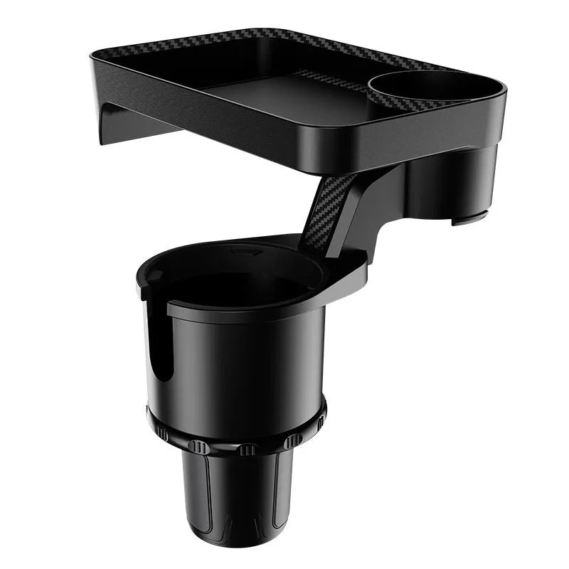 Black ABS car-mounted rotating tray with cup holder and dinner plate surface.