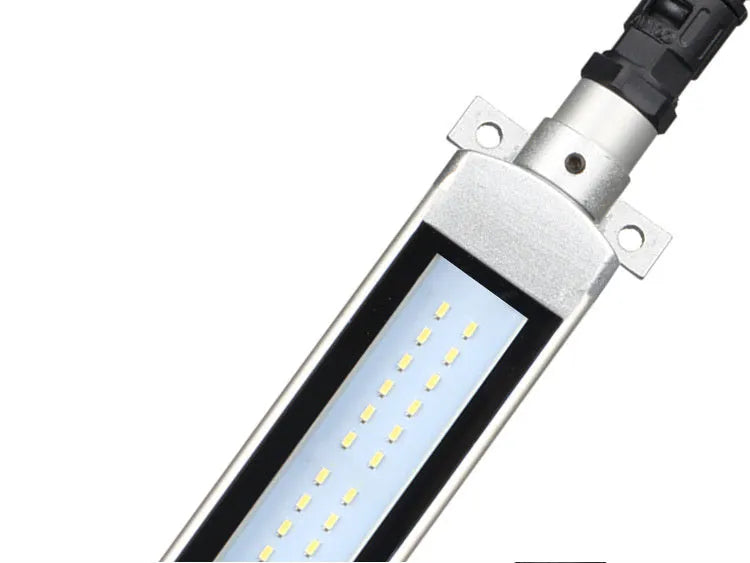 Aluminium LED strip work light with tempered glass cover and long cable for CNC machine mounting.