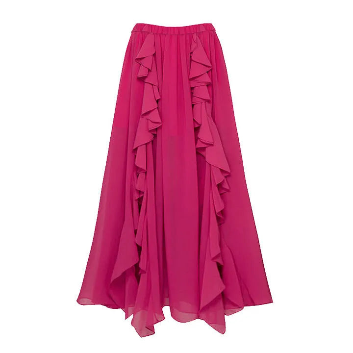 Women's polyester one-piece swimsuit set with matching skirt on hanger