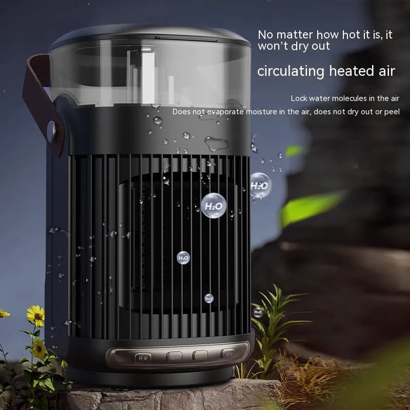 Black portable PTC heater with humidifier, showing front control panel and compact design.