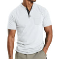 Plus size man wearing a solid colour short sleeve polyester shirt with a button chest pocket.