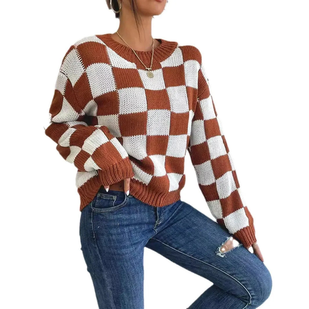 Dark brown acrylic sweater with a chessboard plaid pattern, loose fit, round neck, and long sleeves.