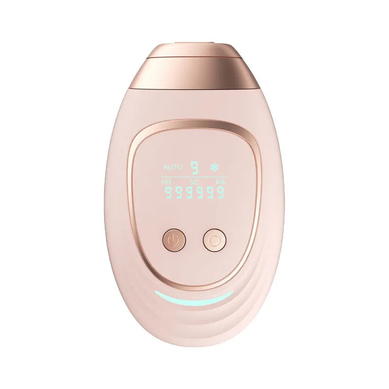 Pink and white three-in-one ice-sensing laser hair removal device with shaver head and charging cable.