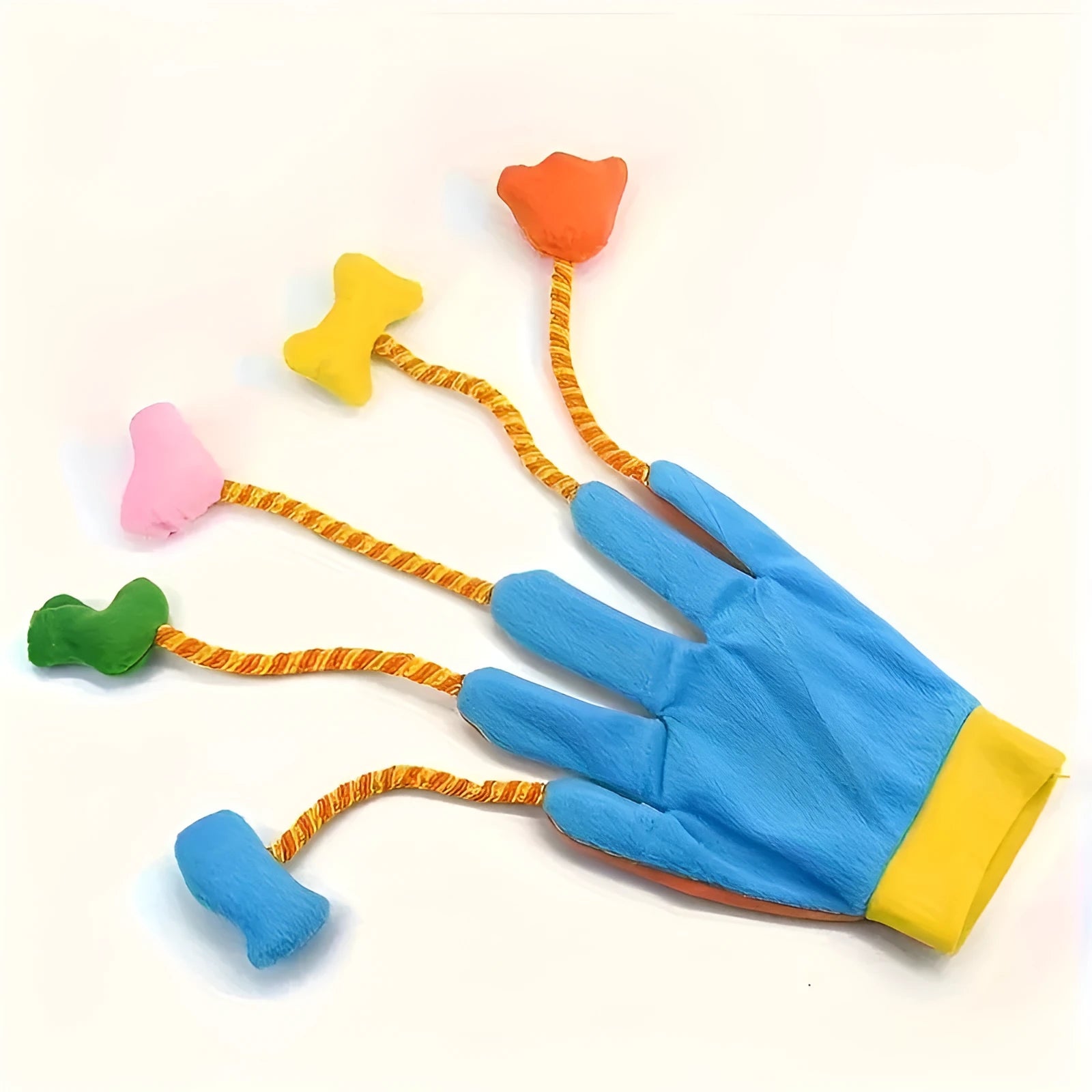 Yellow and blue plush cat toy with jingle bell and 40cm nylon cord trailer