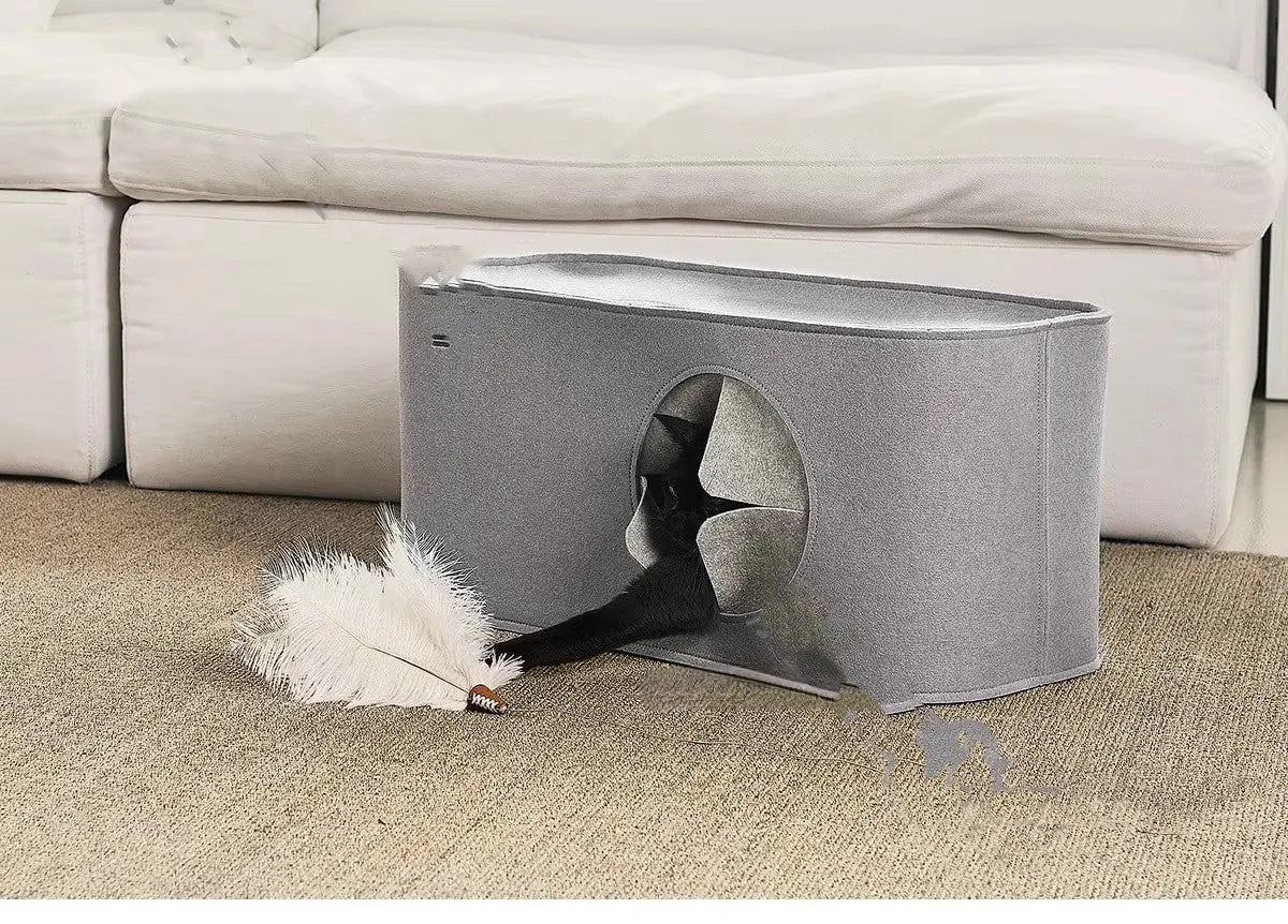Grey foldable felt cat nest bed with raised sides, shown next to a khaki one in a larger size.