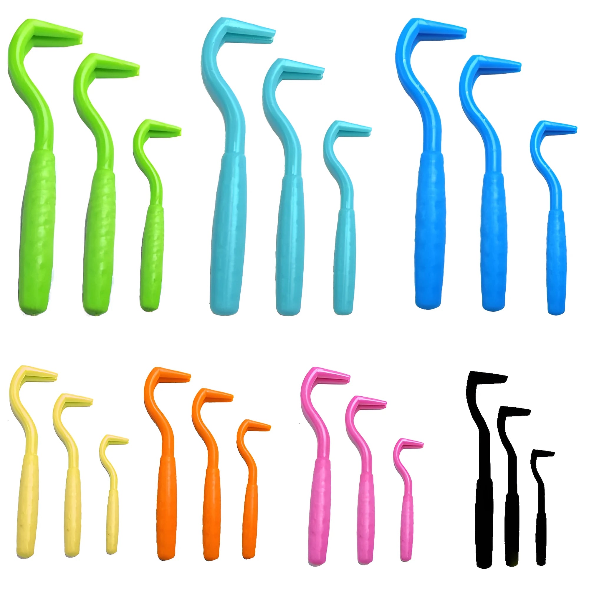 Set of three coloured ABS plastic tick hook removers for dogs on a white background.