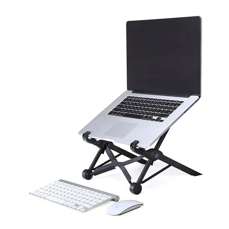 Portable folding laptop stand in sagacious black with enhanced nylon components and carrying case