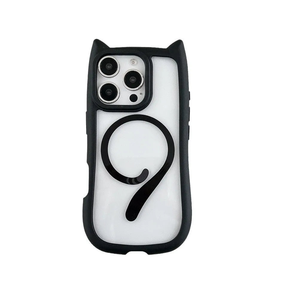 Transparent acrylic TPU phone case with magnetic suction for IPhone17 models in black, blue, grey, and pink.