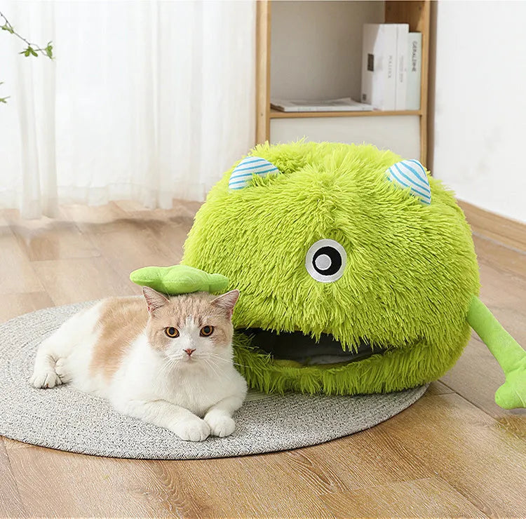 Round fluffy plush cat bed with non-slip base in small, medium, and large sizes