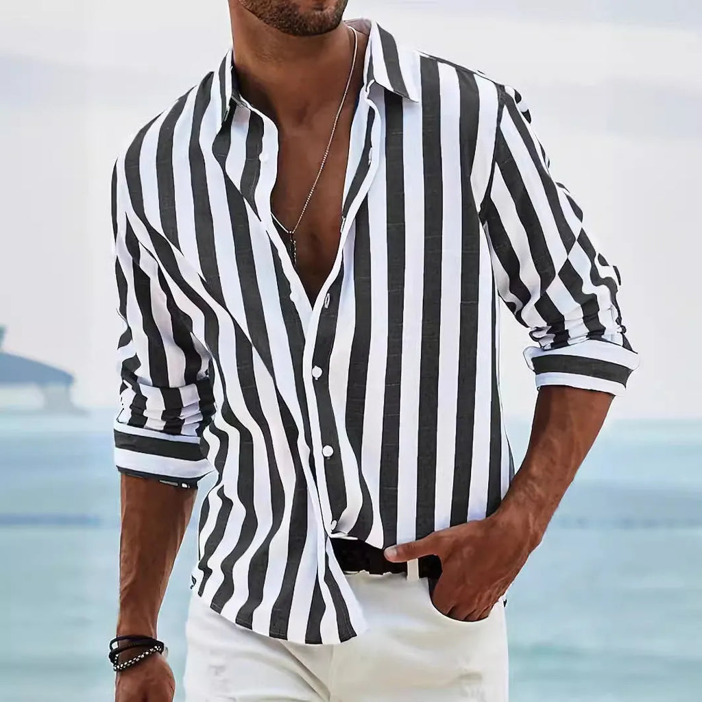 Men's yarn-dyed striped casual shirt loose fit long sleeve British style cardigan polyester