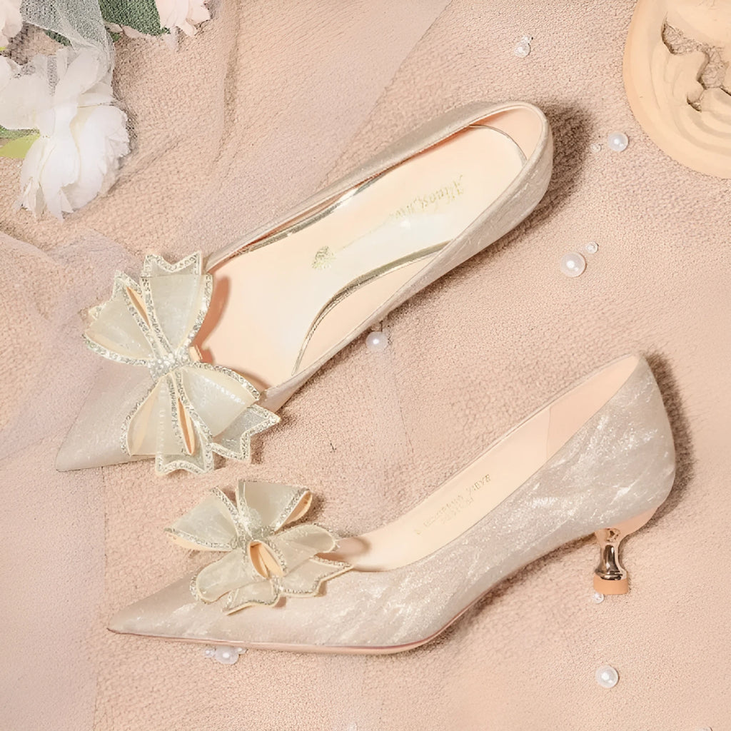 Women's champagne gold crystal stiletto heel pointed toe wedding shoes with a low top