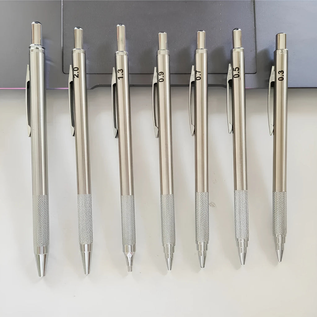 Metal automatic mechanical pencil with multiple lead size options including 0.5mm and 0.7mm
