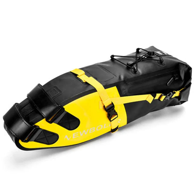 Waterproof bike tail bag in yellow, black, or green with 13-litre capacity for cycling storage