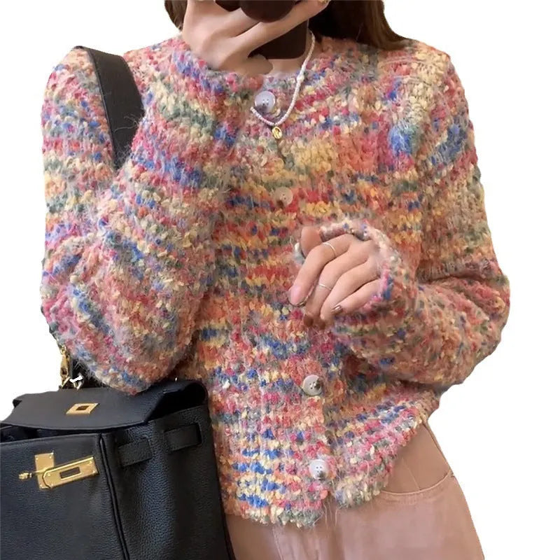 Pink or green retro rainbow pattern slim fit knitted cardigan sweater with regular sleeves