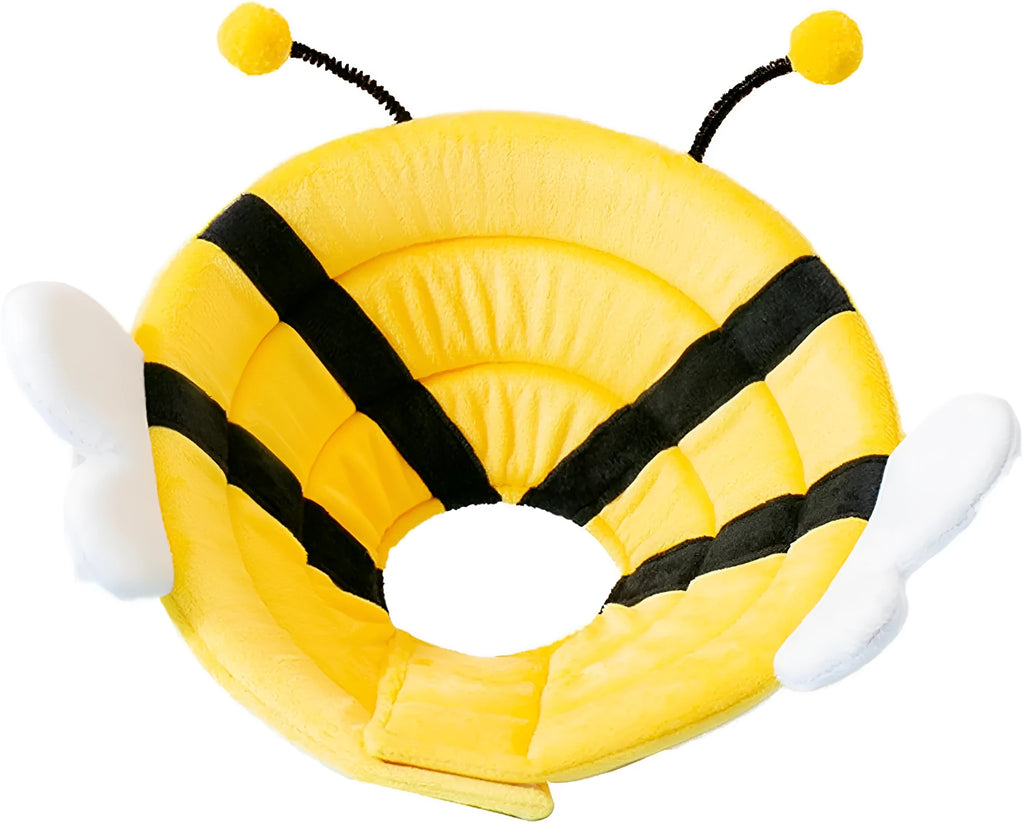 Soft fabric cat recovery collar with black and yellow bee design and white adjustable Velcro strap.