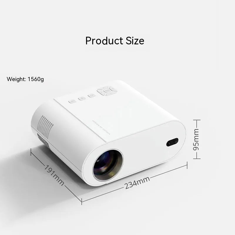 White T07 Full HD smart projector with remote control on a wooden table.