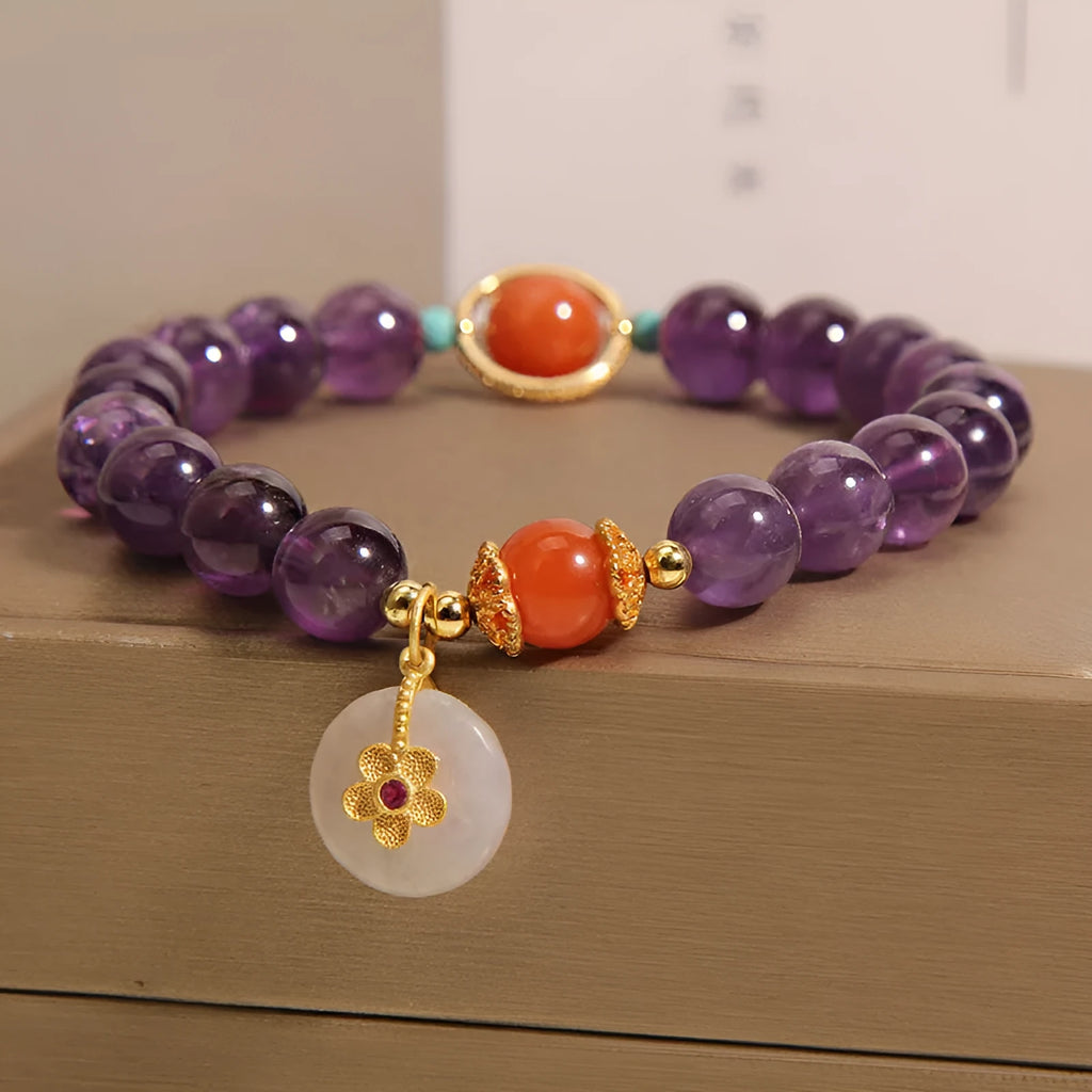 Amethyst crystal bracelet for women with jade safety knot and small flower inlay