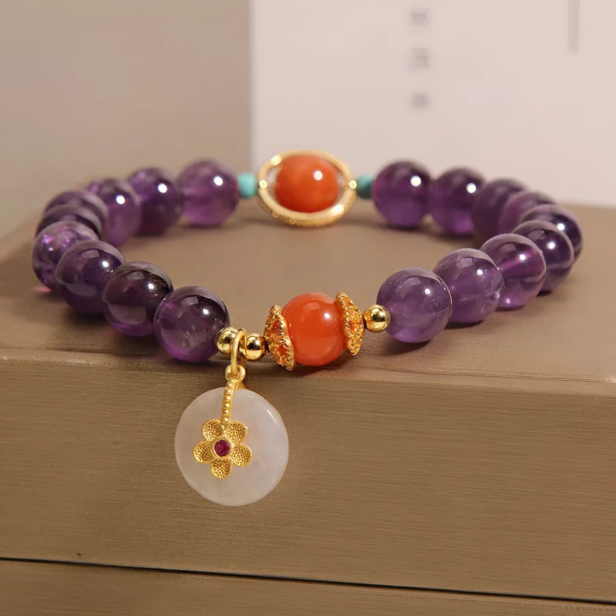 Amethyst crystal bracelet for women with jade safety knot and small flower inlay
