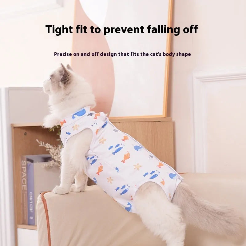 Cat wearing a printed polyester sterilisation recovery suit with velcro fastenings.