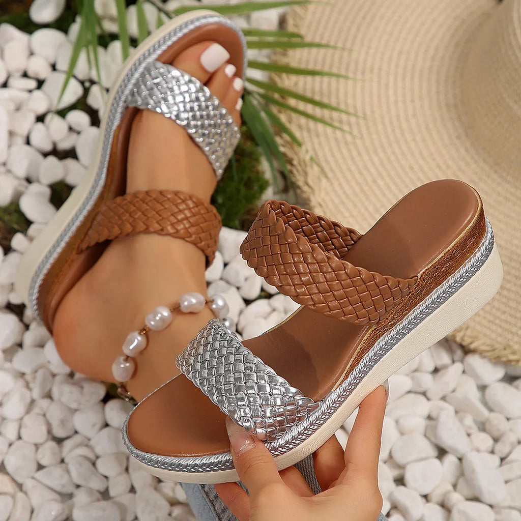 Gold metallic plus size women's wedge sandals with a PU leather upper and rubber sole.