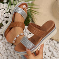 Gold metallic plus size women's wedge sandals with a PU leather upper and rubber sole.