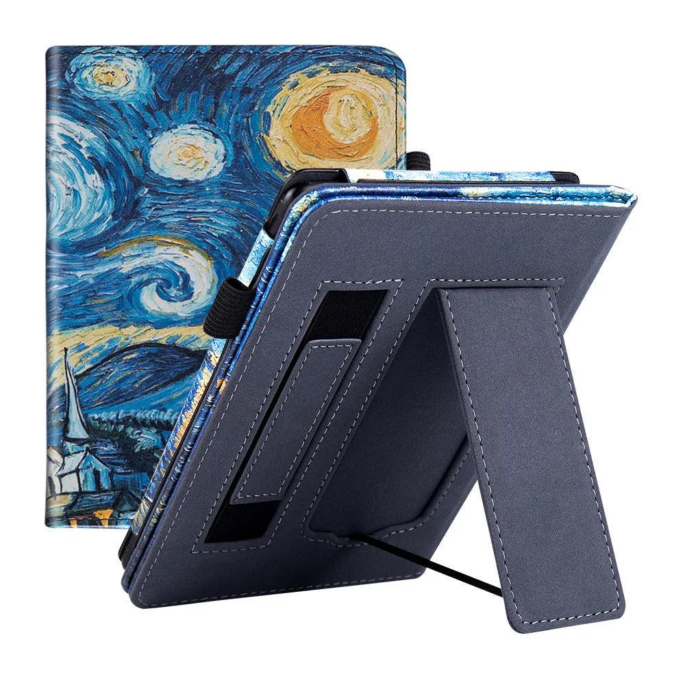 Kindle Paperwhite leather case with wrist splint bracket attached, showing calf leather exterior and microfiber interior