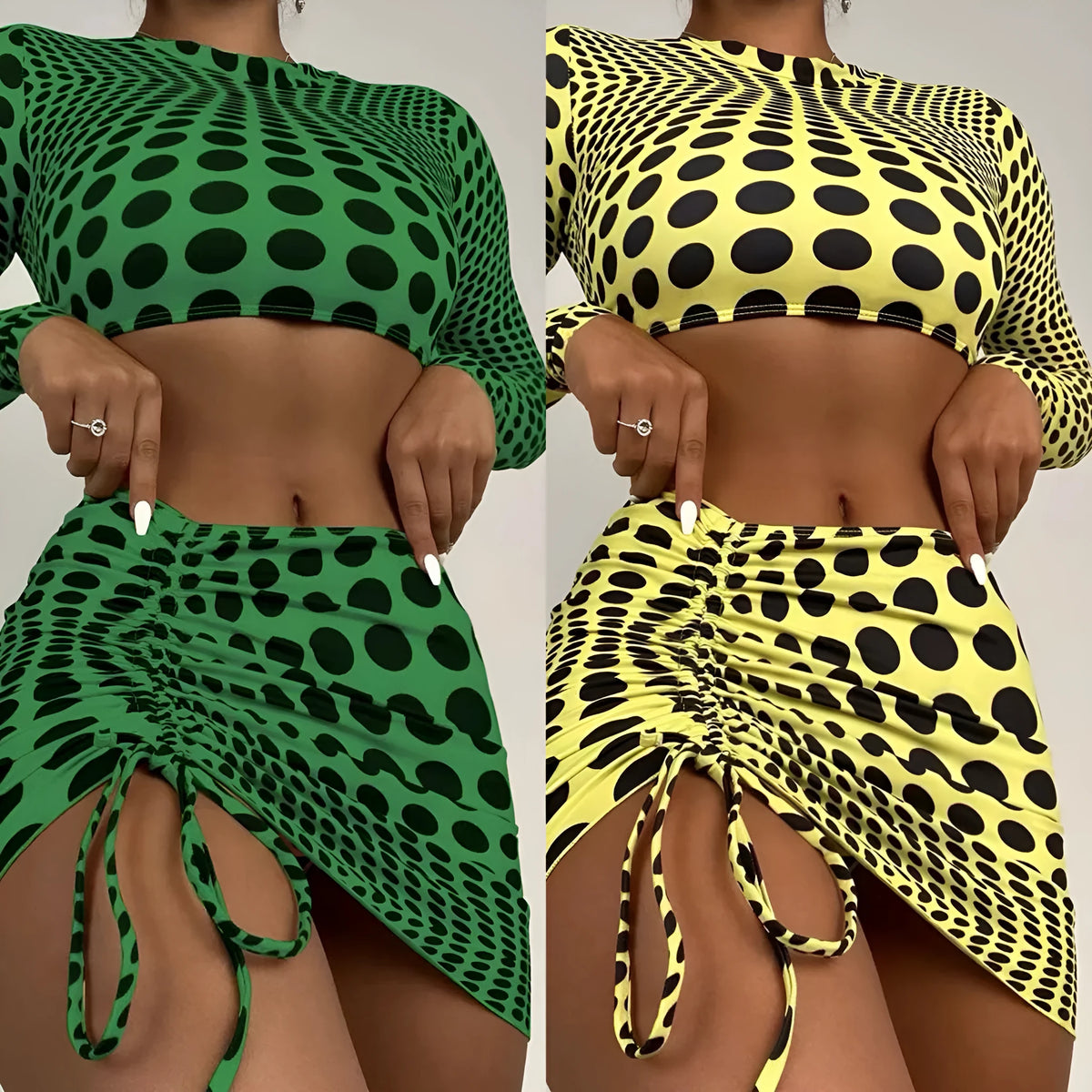 Women's green polka dot three-piece swimsuit set with halterneck bikini top and matching skirt