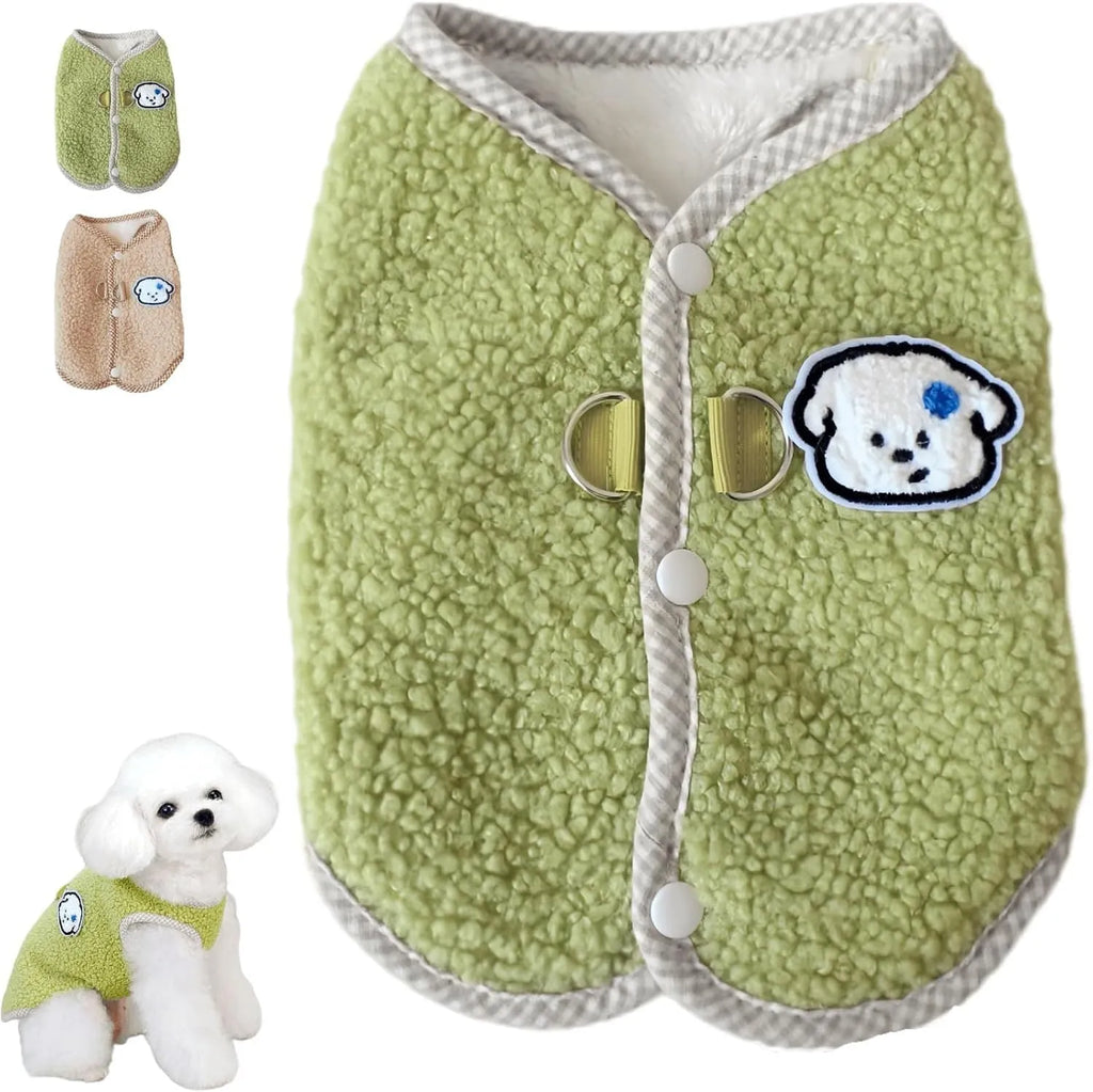 Green coral fleece dog vest with a metal leash ring on the back, sized for a small dog.