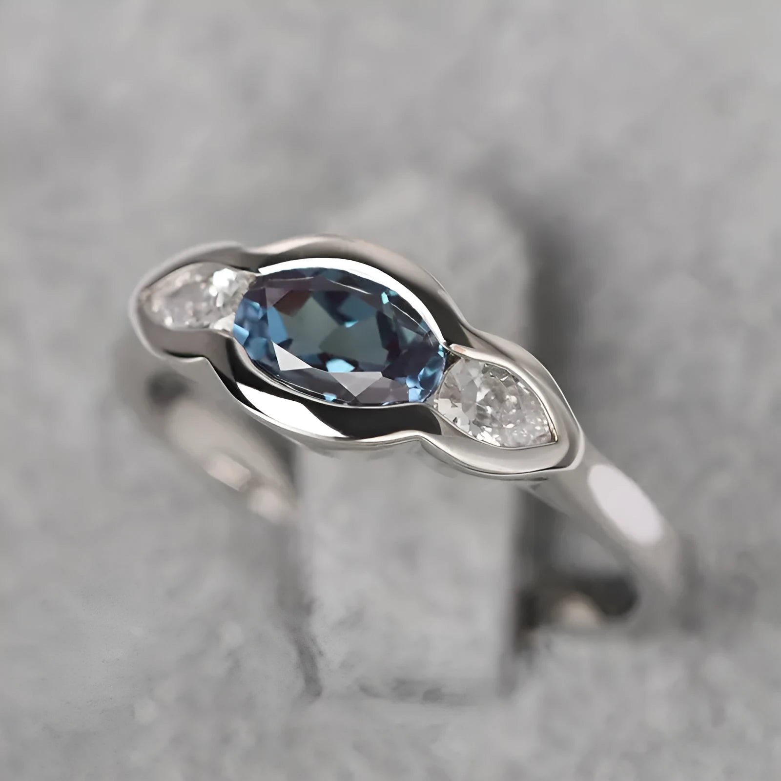 Geometric ellipse copper ring with zircon stone inlay and white gold finish