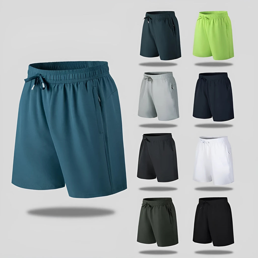 Men's loose-fit quick-drying sports shorts in thin ice silk polyester fabric on a summer background.