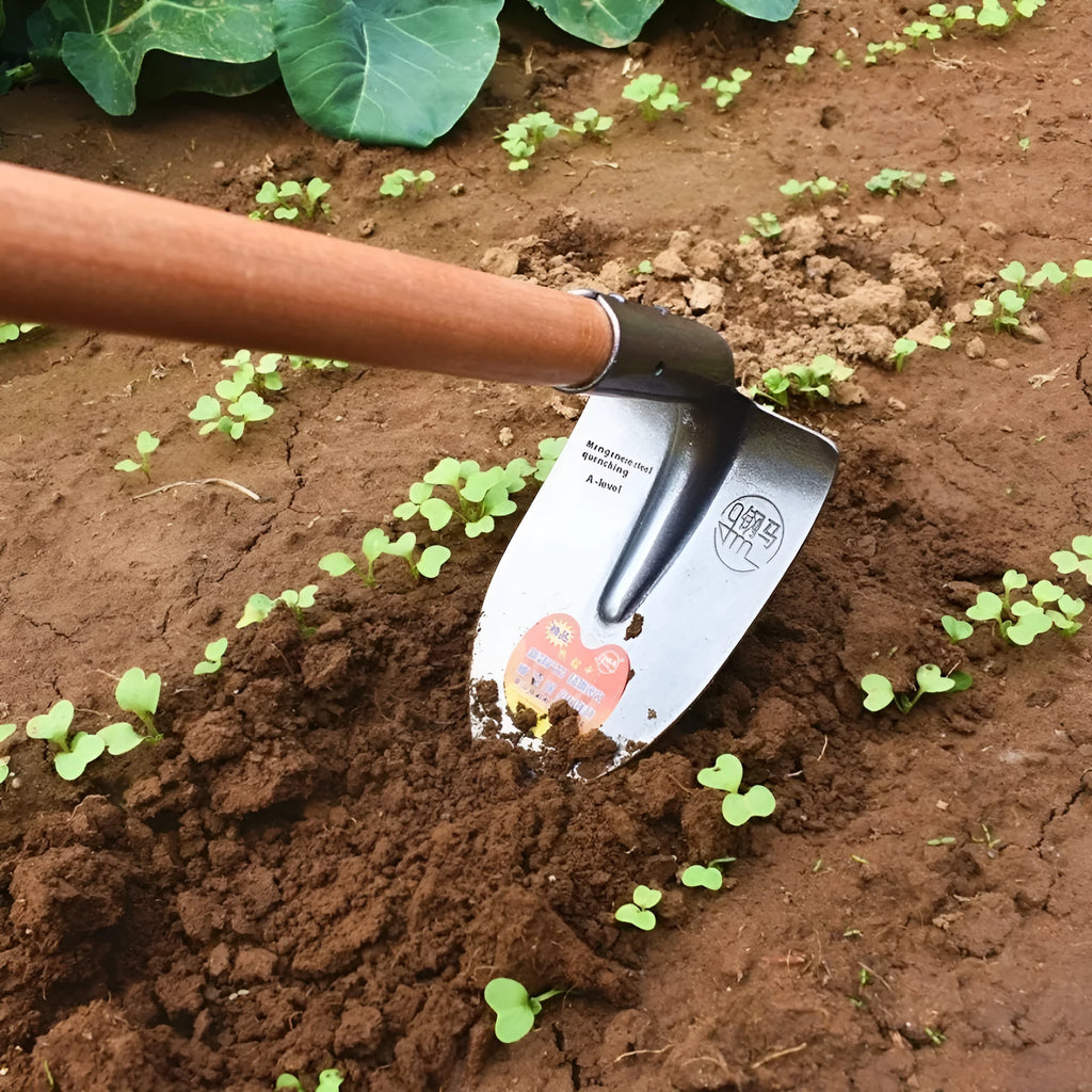 Agricultural flat hoe with a pointed manganese steel tip and stainless steel construction for weeding and ploughing.