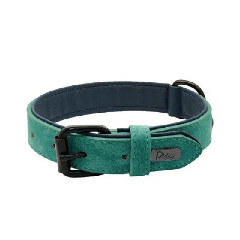 Adjustable anti-loss dog collar showing PU front and microfiber back in available colour options