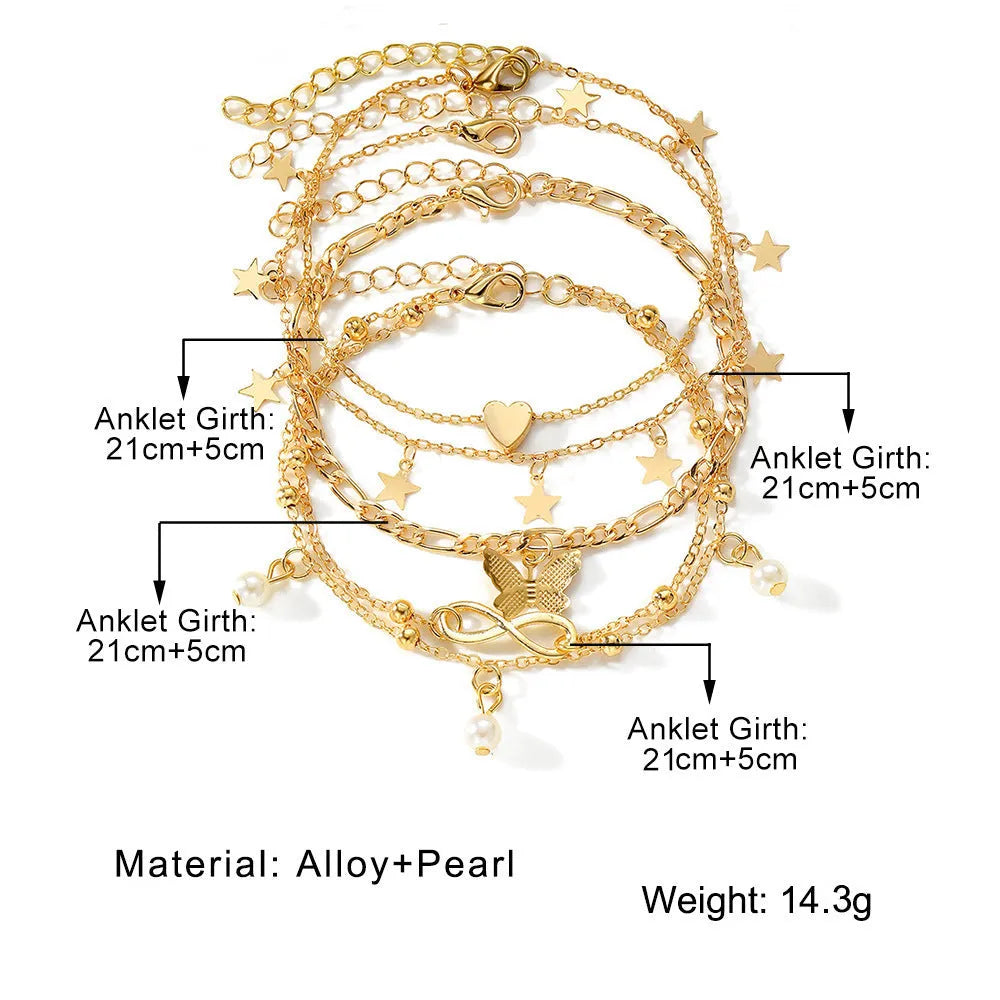 Butterfly pearl heart anklet set containing four alloy foot chain jewellery pieces for women