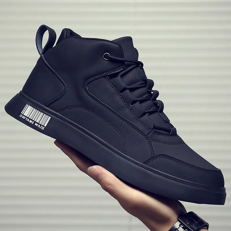 Men's white board shoes with lace-up front and round toe design on rubber sole