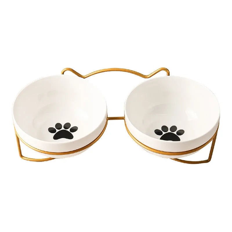 White ceramic pet bowl with cat footprints pattern in black iron cat ear frame