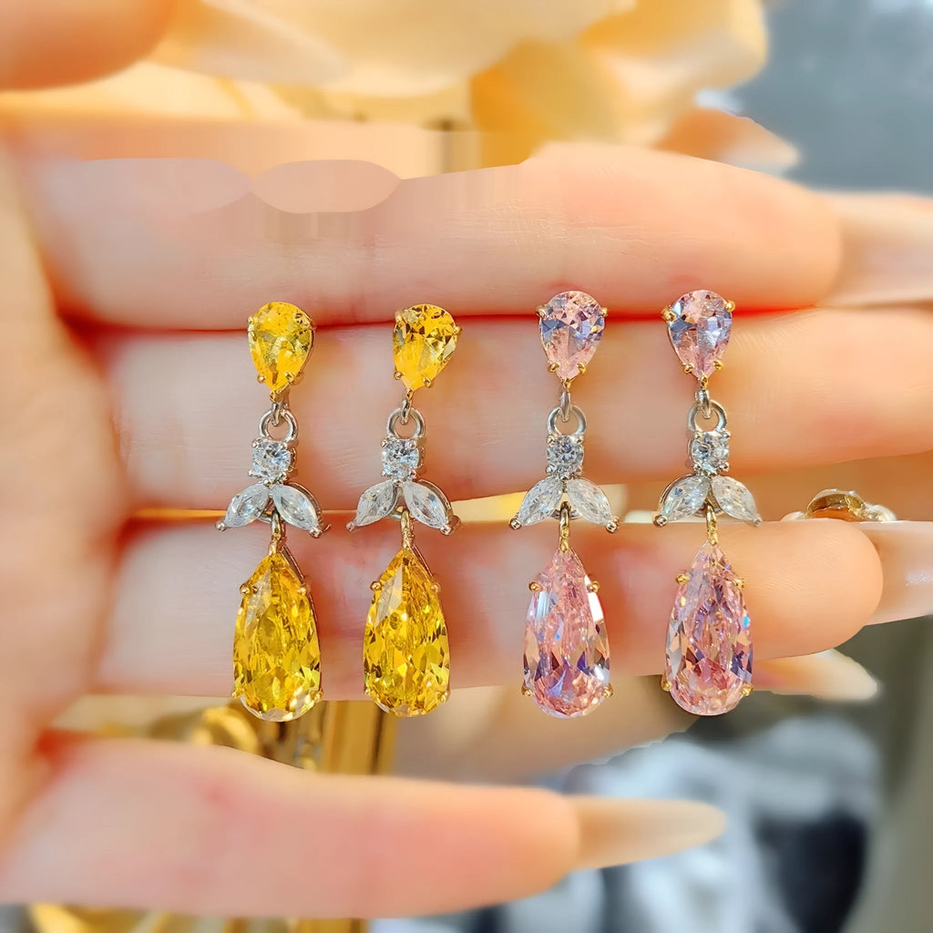 Pink or yellow high-carbon diamond floral earrings with copper setting and petal, leaf and flower design for women