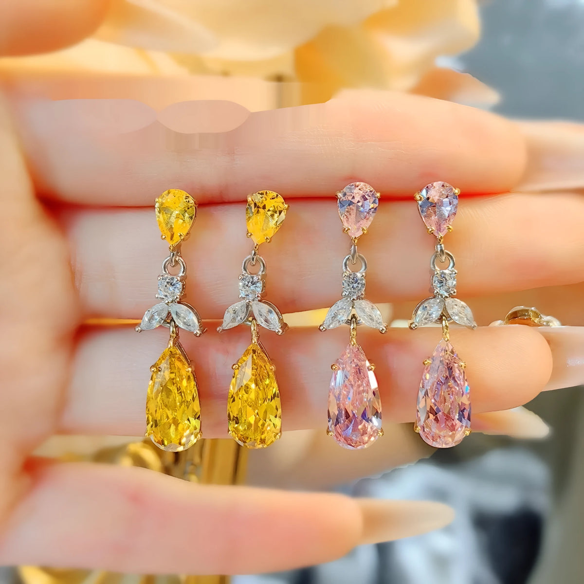 Pink or yellow high-carbon diamond floral earrings with copper setting and petal, leaf and flower design for women