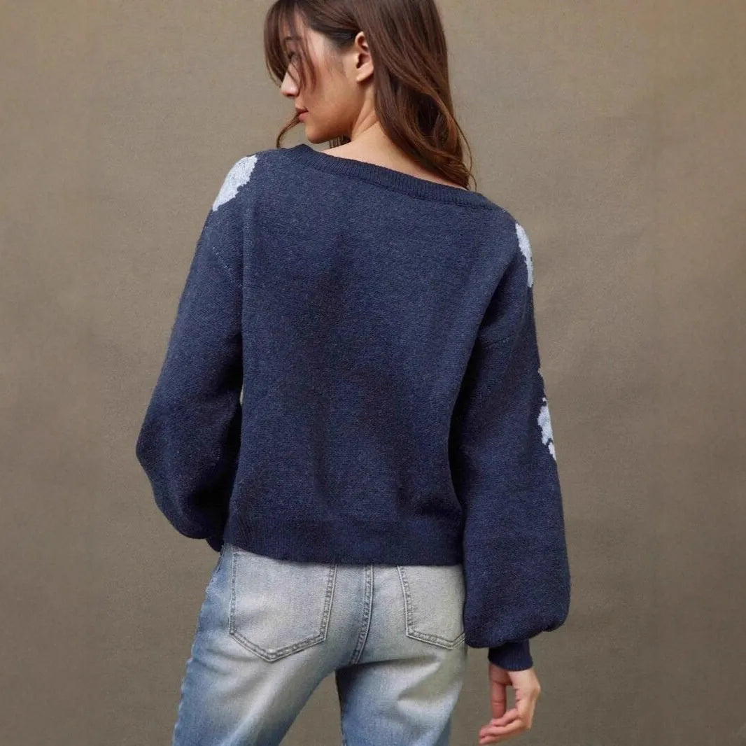Sapphire Blue women's loose pullover with woven floral jacquard pattern and off-neck collar.
