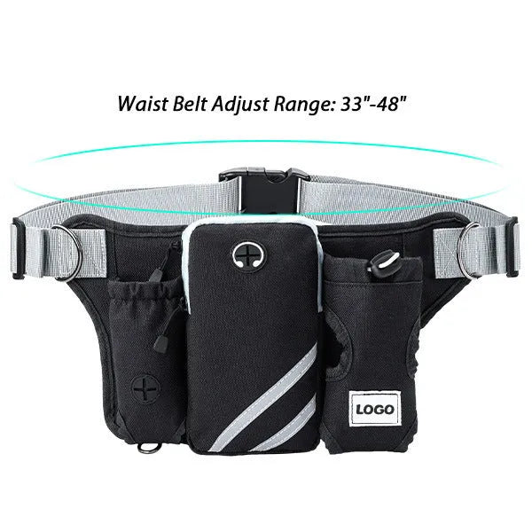 Black nylon dog walking waist bag and leash set for outdoor pet training activities