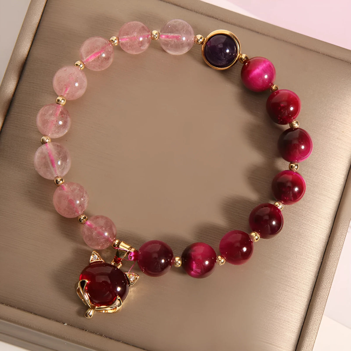 Simple strawberry crystal bracelet on elastic rope for women, 18cm size.