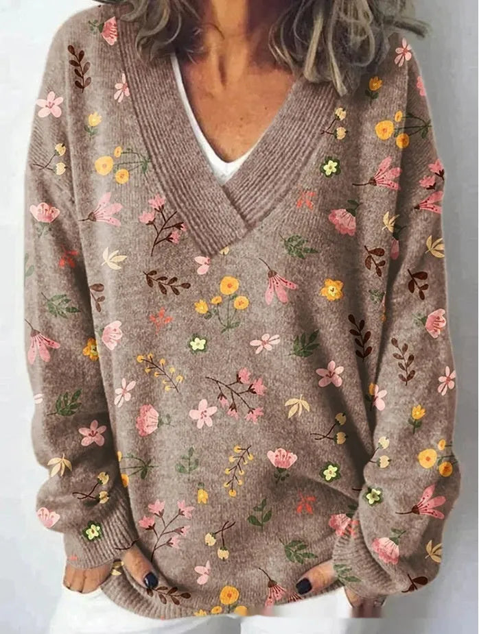Women's long sleeve floral print sweatshirt with 3D effect in wool woven polyester fabric