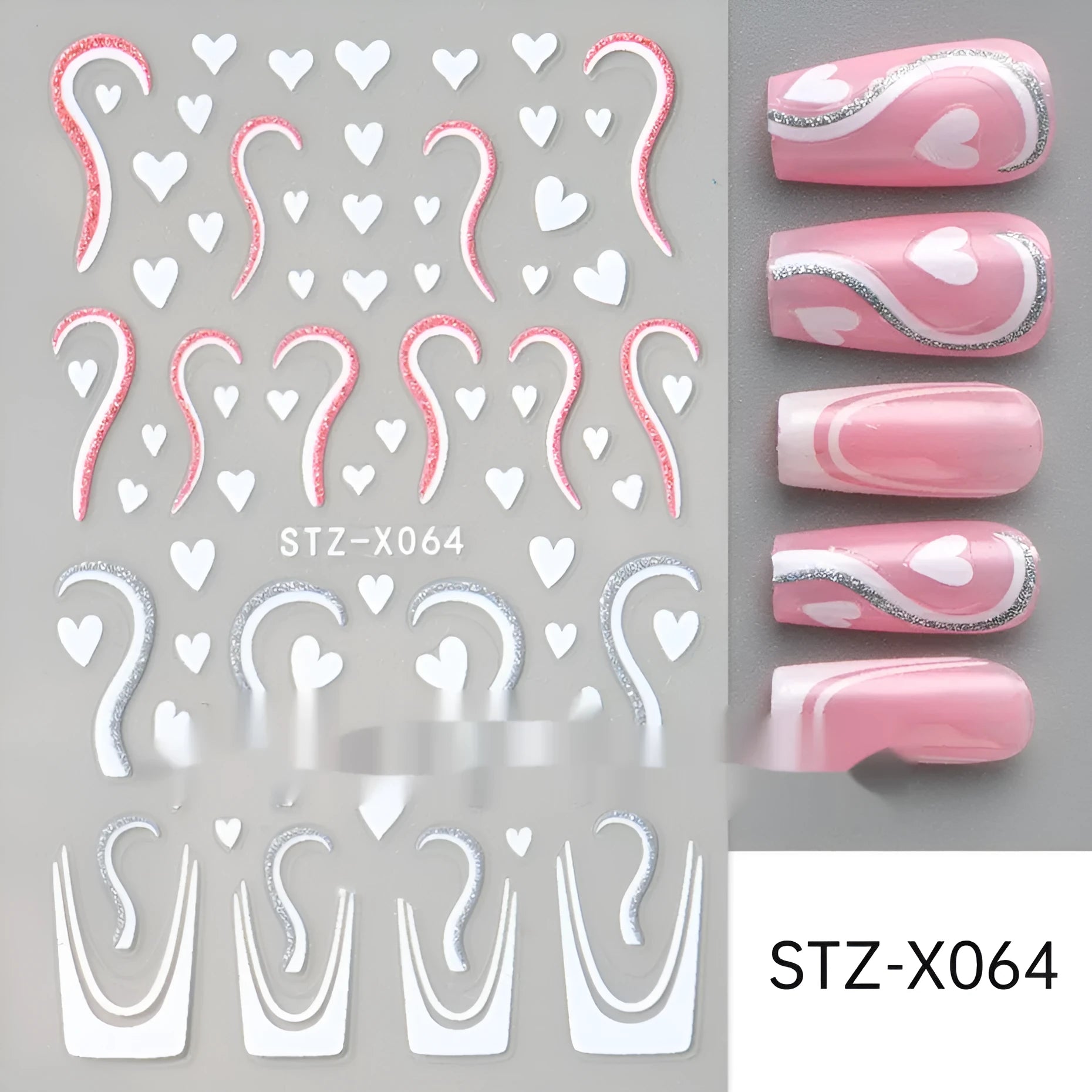 Cartoon love pattern nail art sticker decals in black and silver colours on a plastic sheet.