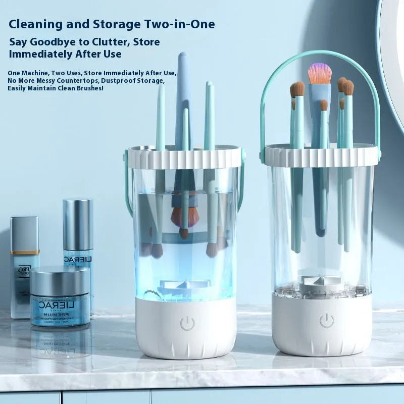 White rechargeable electric makeup brush cleaner with USB charging cable